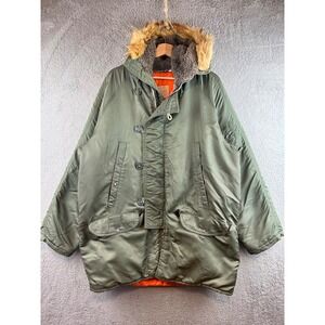 Vintage N3-B Army Green Hooded Fur Trim Hooded Puffer Jacket Coat Mens Sz 44